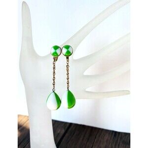 Crown Trifari Green White Retro Mod Lucite Dangle Tear Drop Clip-On Earrings